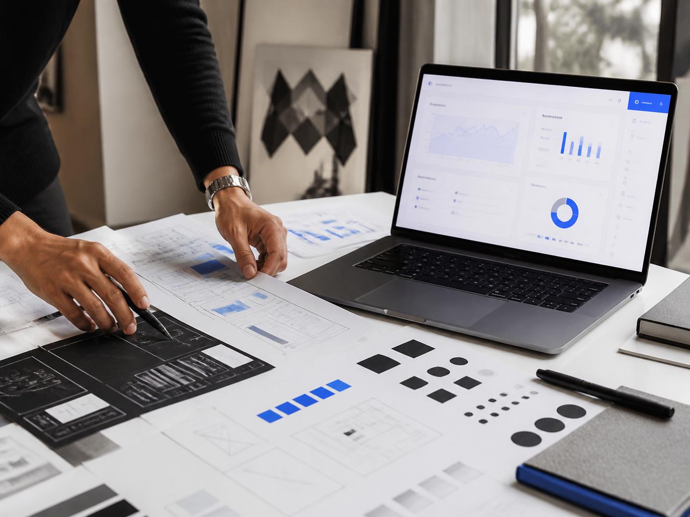 Designer planning a digital interface system beside a laptop